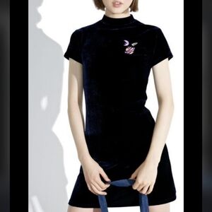 Lazy Oaf Navy Velvet Dress with Embroidered Detail Planet